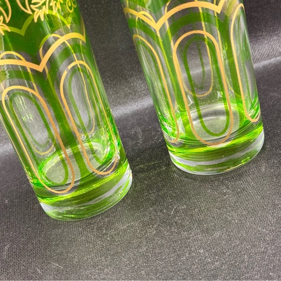 Vintage Moroccan Bohemian Lime Green Gold Paneled Tumbler Glass Set Of 2 - Picture 3 of 6